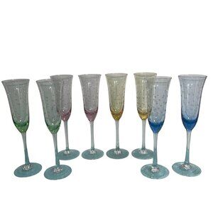 Vintage Etched Circle Colored Blown Glass Champagne Flutes Set of 8